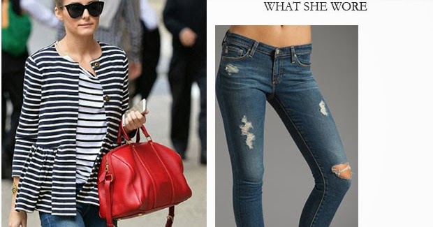 WHAT SHE WORE: Olivia Palermo in stripe jacket, distressed blue skinny jeans with red leather ...