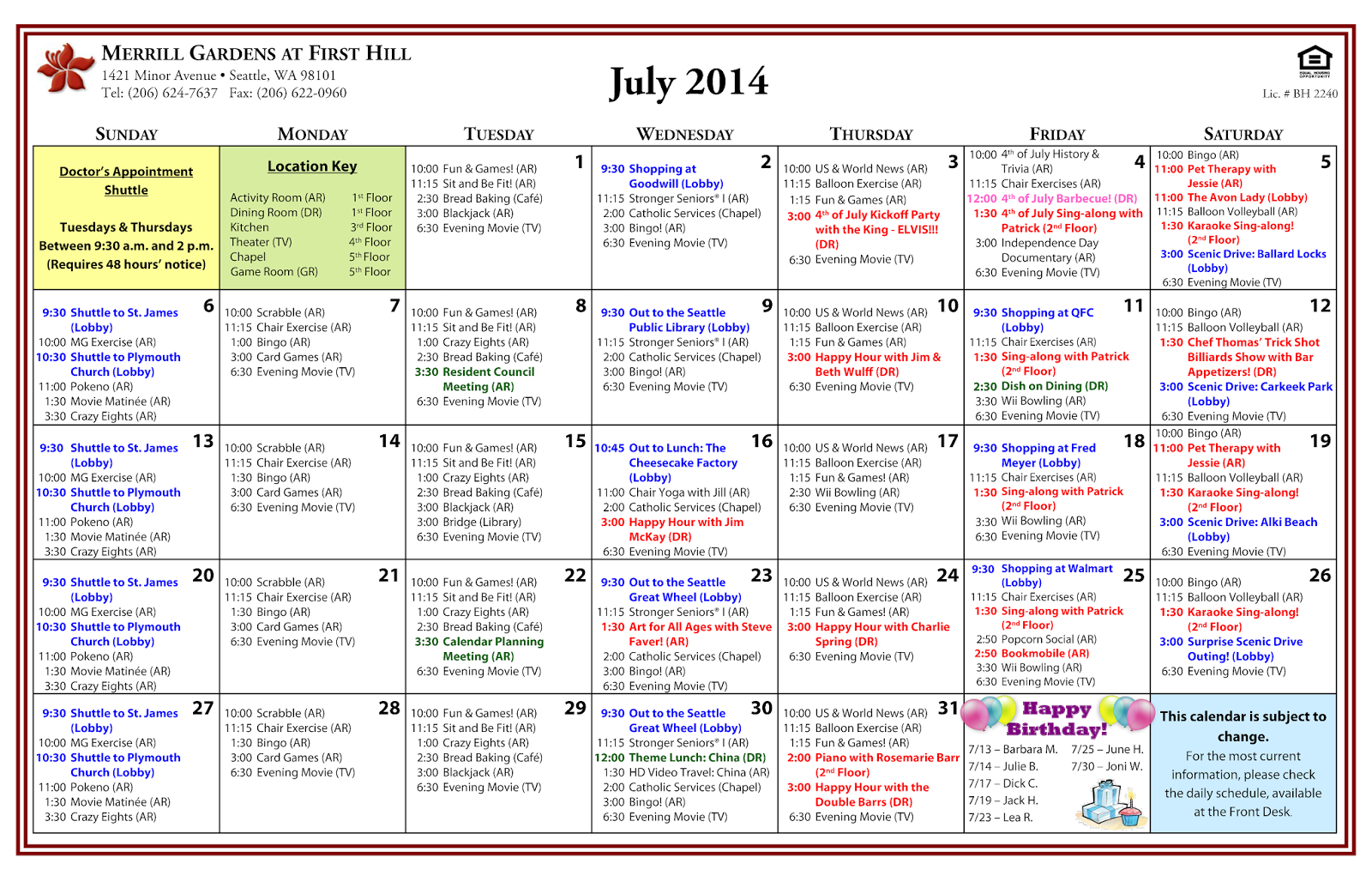 Merrill Gardens at First Hill July's Active Living Calendar