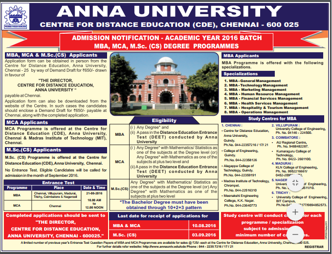 MBA/MCA/M.Sc.(CS)Degree Programme Admission Anna University