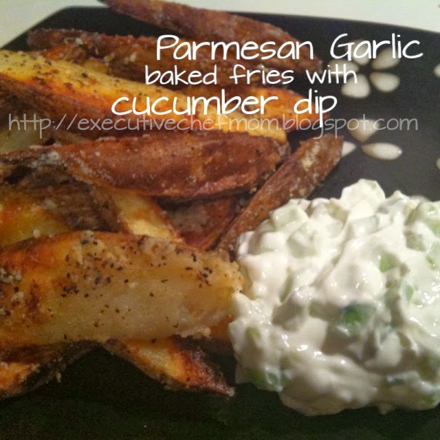 Parmesan Garlic Baked Potato Fries with Cucumber Dip