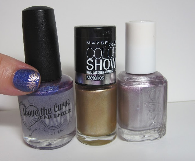 Bottle shot:  Above the Curve Lemming Have It!,  Essie Nothing Else Metals, and Maybeline Bold Gold