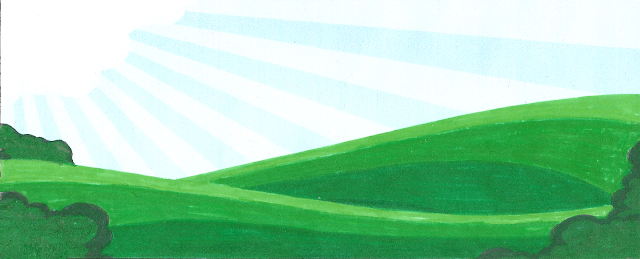 Blue rayed, striped sky with 3 green waves of land, easy to paint kids room wall