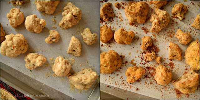 Before and after photos of the breaded cauliflower going into the oven and coming out. The baked cauliflower is deliciously golden and crisp-looking.