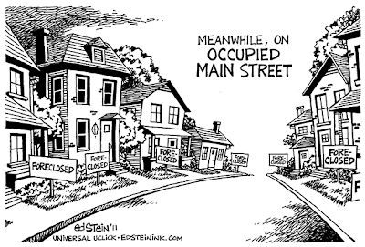 cartoon of entire neighborhood with foreclosure signs on the front lawns