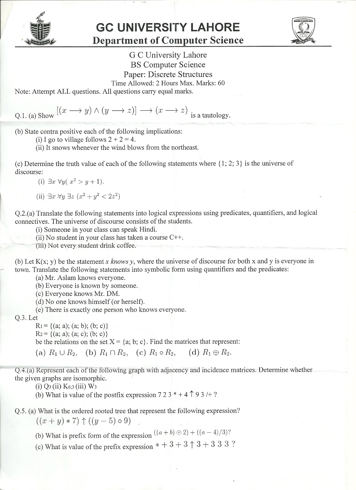 Past Paper Discrete Structures ~ BS(CS) PROGRAMMING