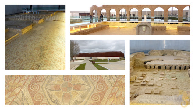 Villa Romana La Olmeda - detalles de los mosaicos y de la fachada exterior