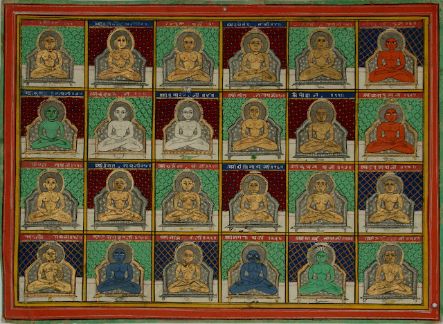 Adinatha, Ajita, Sambhava, Abhinandana, Sumati, Padmaprabha, Suparshva, Chandraprabha, Suvidhi, Shital, Shreyansa, Vasupujya, Vimala, Ananta, Dharma, Shanti, Kunthu, Ara, Malli, Muni Suvrata, Nami, Nemi, Parshva and Mahavira.  Jain sects