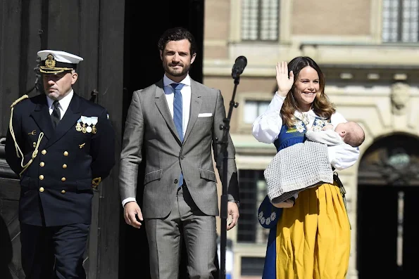 Prince Carl Philip, Princess Sofia Hellqvist and son Prince Alexander open the gate of the Royal Palace for the National Day Celebrations