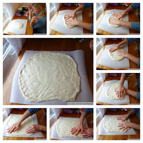collage image of how to press a ball of pizza dough out into a circle ready to be topped.