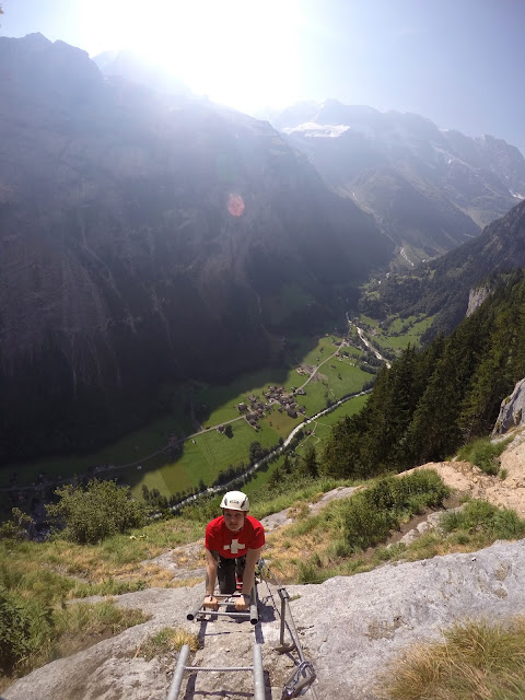 Via Ferrata, Klettersteig, Hike, Climbing, Scrambling, mountaineer, mountain, extreme, adrenaline, adventure, Explore, Murren, Gimmelwald, Lauterbrunnen, Interlaken, Switzerland, Bern, Swiss Alps, Bernese Alps, Alpine, hanging, Nepalese Bridge, tyrolean, cliff, BASE, ladders, 