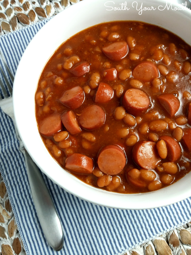 Family-friendly Franks & Beans! Make these on the stove or in a crock pot. Love me some Beanie Weenies!