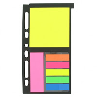 An insert for a file, covered in different colours and sizes of sticky notes