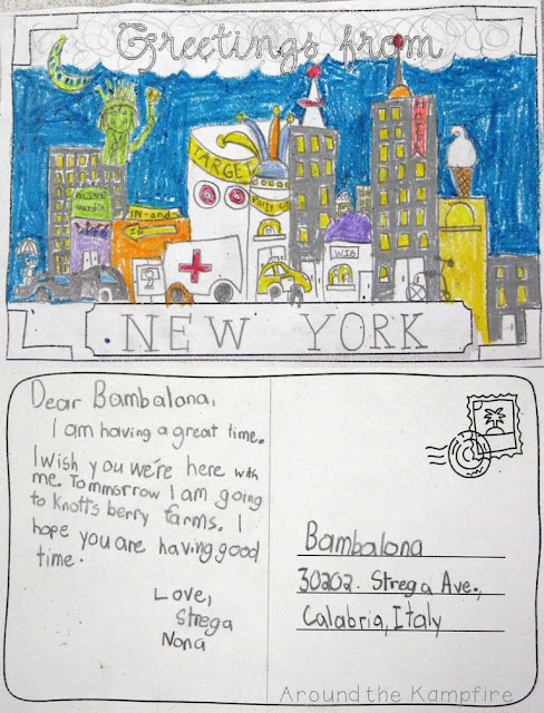 Post cards written from the character's point of view for Strega Nona Takes A Vacation during our Tomie dePaola author study | Around the Kampfire blog