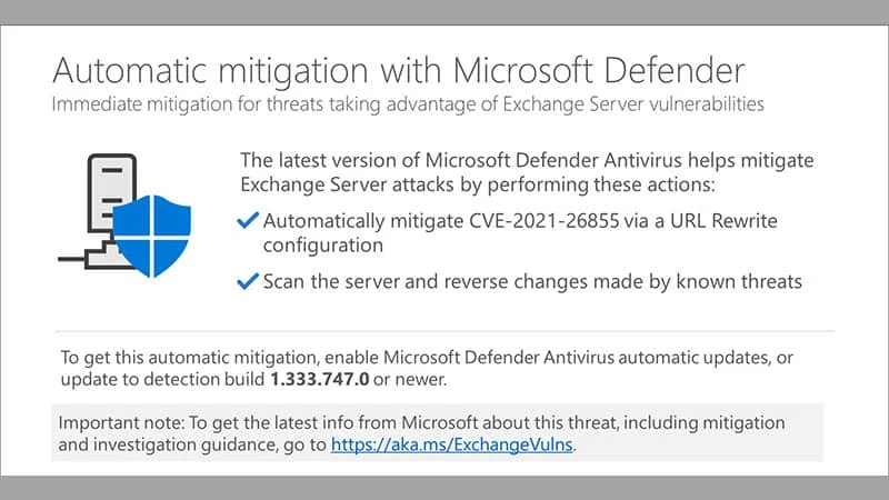 Microsoft Defender Antivirus now automatically mitigates Exchange Server vulnerabilities