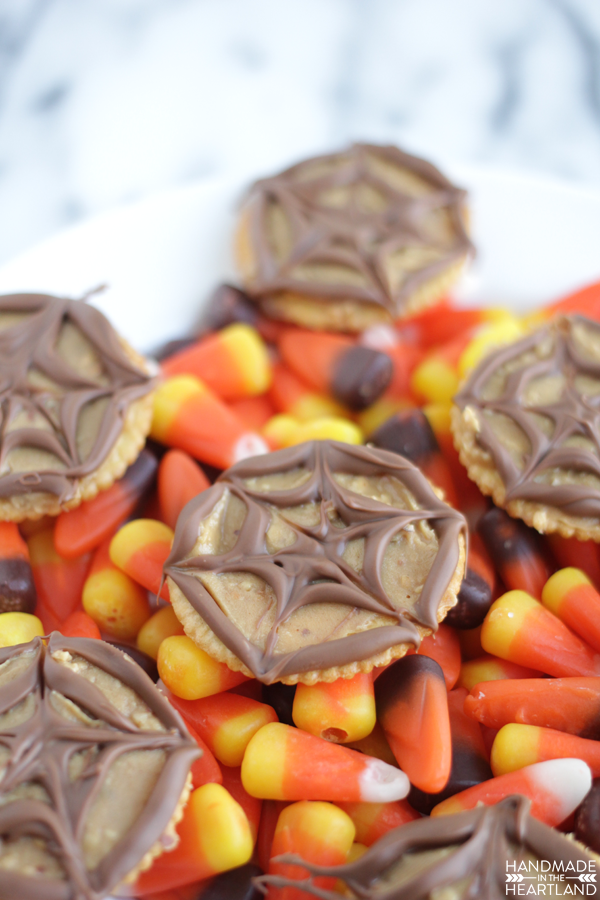 easy, delicious and simple these chocolate peanut butter spider web crackers are delicious!