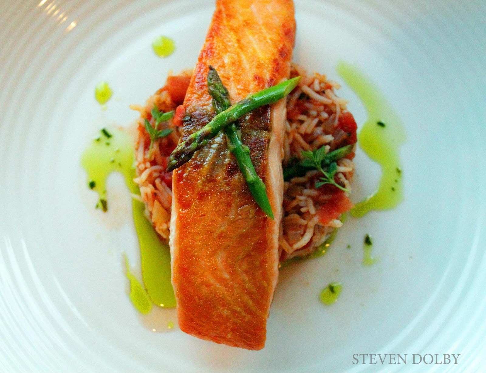 Panfried Salmon, Spanish rice with Cilantro Oil by Steven Dolby