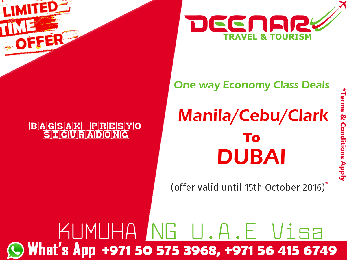 Deenar Travel and Tourism Manila, Cebu, Clark to Dubai Cheap flight fares
