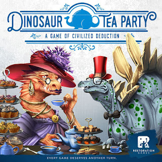 The box cover: an orange dinosaur holding a teacup and a pale blue stegosaurus with green spots, both wearing fancy tea party clothing such as hats, brooches, and bow ties, at a table adorned with tea and small cakes. Under the title is the byline, 'A game of civilized deduction.' At the bottom it reads, 'Every game deserves another turn.'