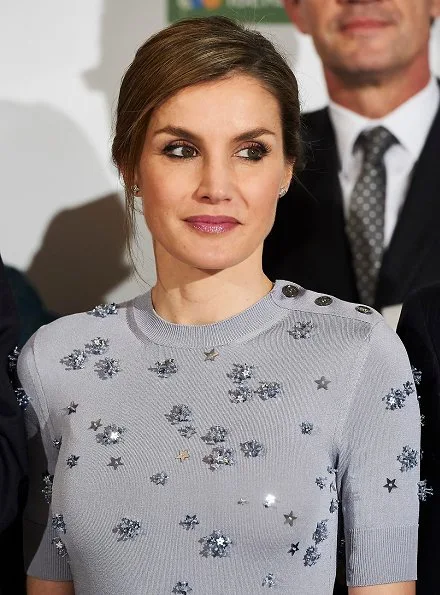 Queen Letizia wore Nina Ricci Dress and Magrit Pumps Letizia carried Chanel cyristal diamond clutch bag