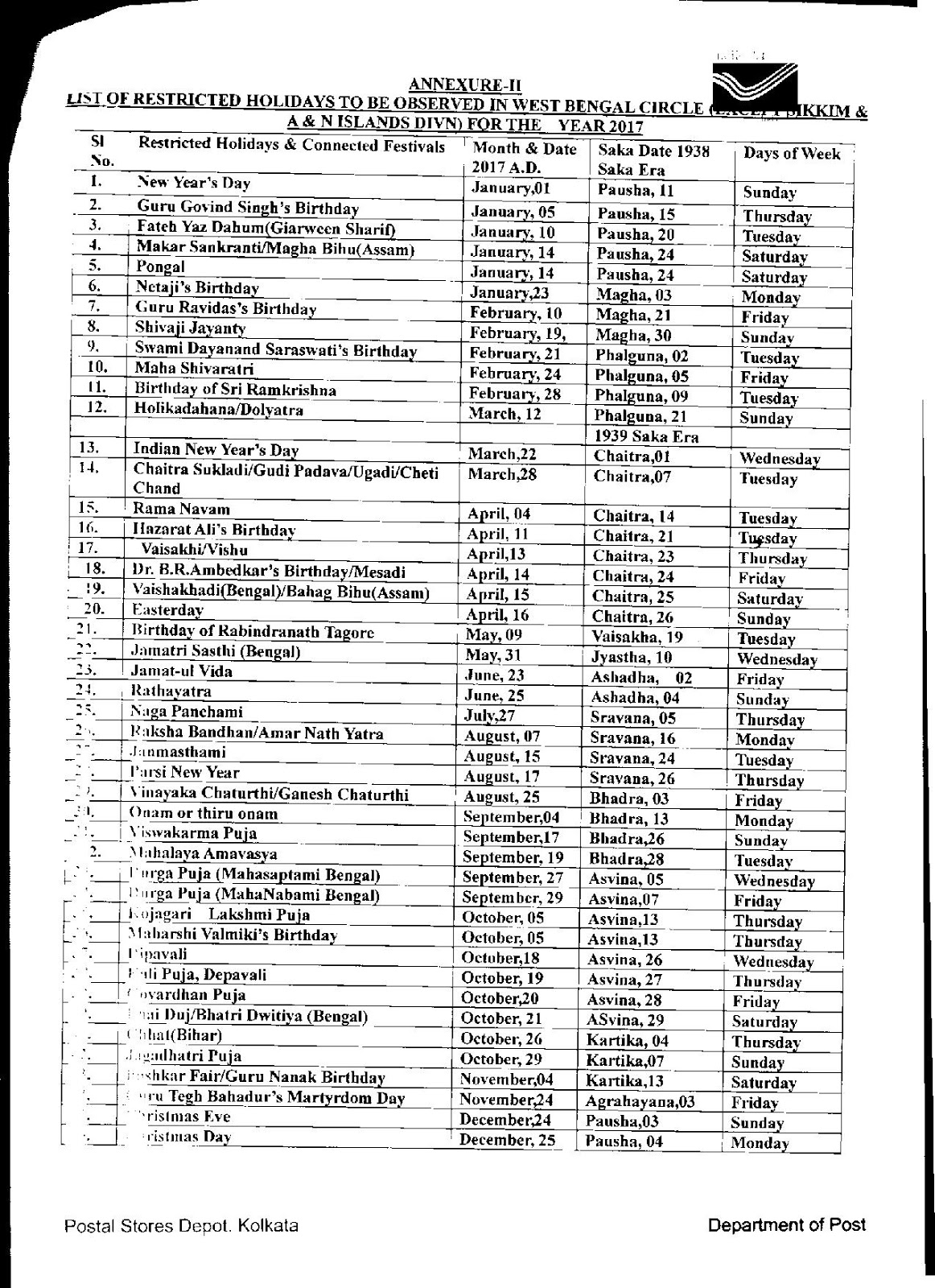 Holiday List For 2017 West Bengal Postal Circle Except A N Island holiday-list-for-2017-west-bengal-postal-circle-except-a-n-island