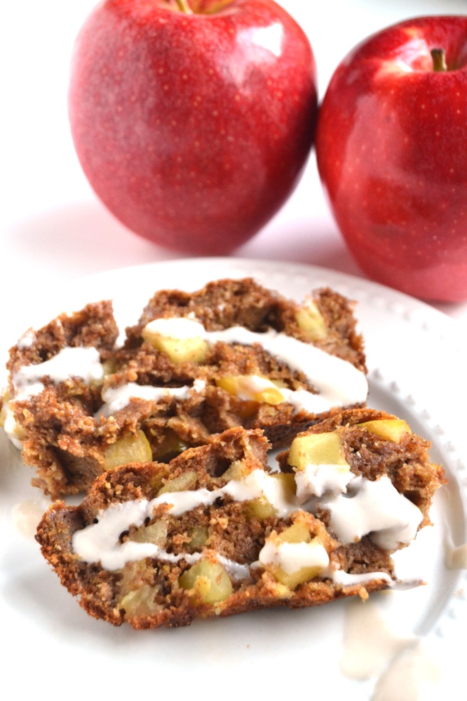 Maple Glazed Apple Fritter Bread tastes like your favorite doughnut but is healthier made with whole-wheat, fresh apples and a protein-rich maple drizzle! www.nutritionistreviews.com
