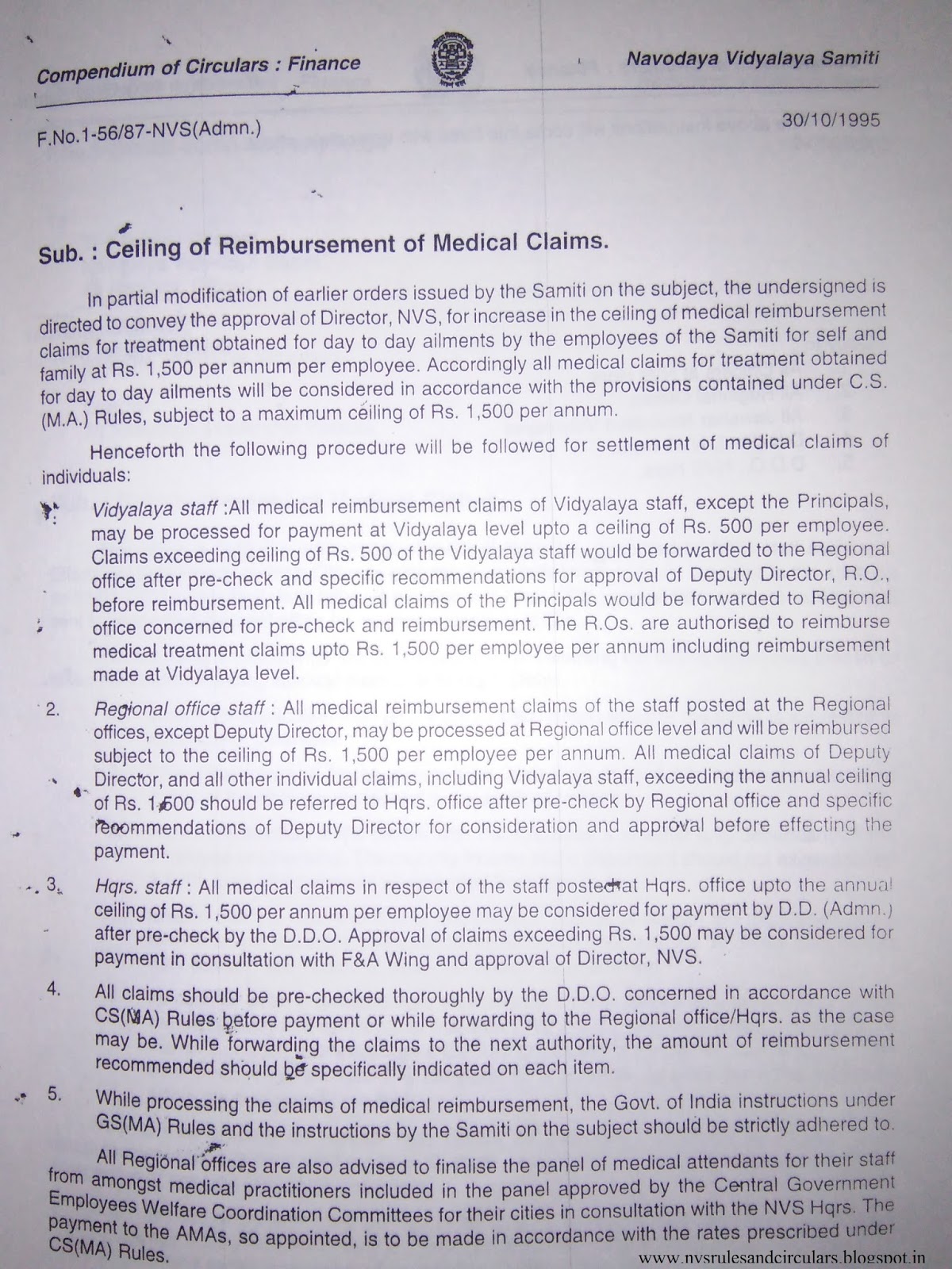 NVS RULES AND CIRCULARS For Staff Search CEILING OF REIMBURSEMENT OF