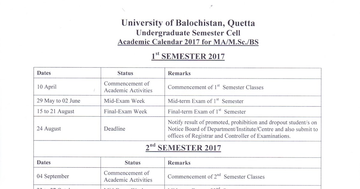 Academic Calendar UoB Education & Research
