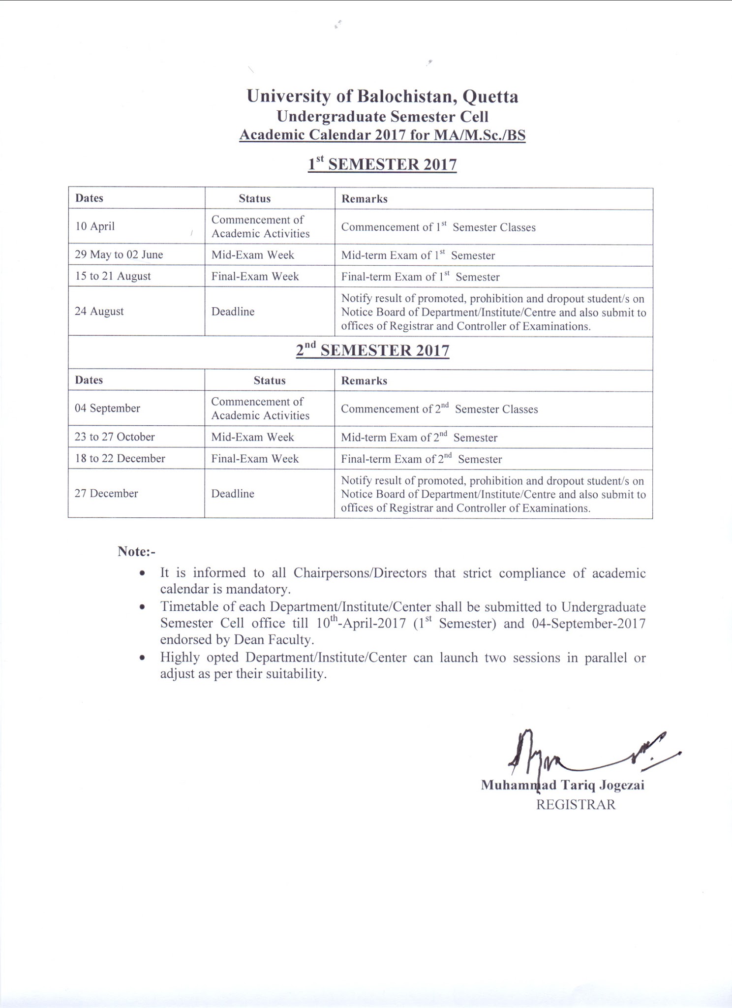 Academic Calendar UoB