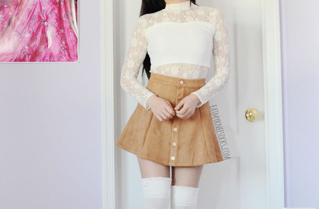 Allegra-K Fashion Review: Floral Jacket, Faux Suede Skirt + Lace Blazer Details on the tan faux suede button-down a-line skirt from Allegra-K, worn with a Snidel Japanese mock-neck lace crop top and over-the-knee socks.
