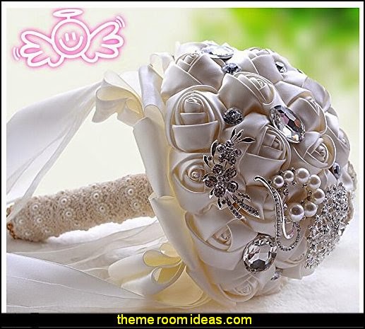 Wedding Bride Holding Bouquet Roses with Diamond Pearl Ribbon Valentine's Day