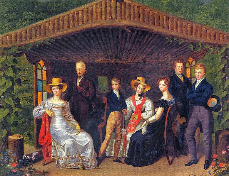 The Imperial Family (l. to r., Caroline Augusta, ; Francis I, Napoleon II, Princess Sophie, Duchess Marie-Louise, Ferdinand I, Archduke Franz Karl) by Leopold Fertbauer, 1826