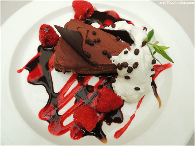 Native Taza Chocolate Cheesecake, Chocolate Cocoa Nib Crust, Fresh Raspberry Compote, Whipped Cream