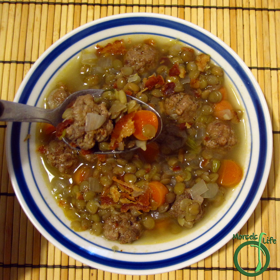 Morsels of Life - Lentil Sausage Soup - A warming soup with lentils and sausage flavored with onions, celery, carrots, and a bit of garlic and topped with a bit of bacon.