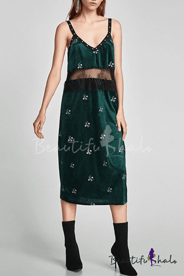 Summer Collection Floral Embroidery Lace Patchwork Beaded Velvet Midi Cami Dress