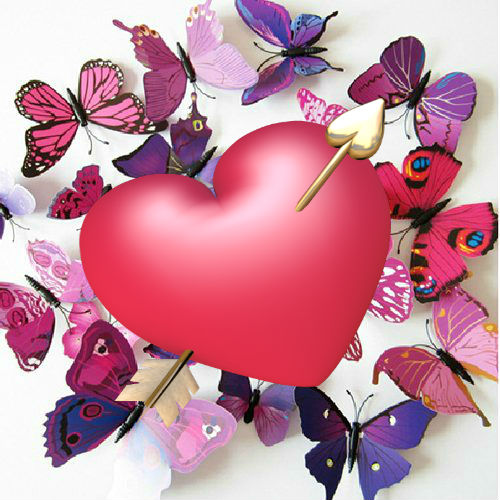 mariposas de colores y un gran corazon de color rosa