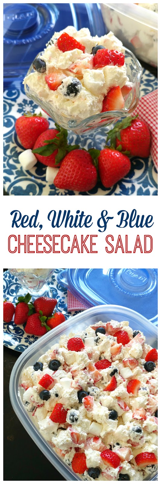 Red, White & Blue Cheesecake Salad! This berry cheesecake dessert is perfect for Memorial Day and 4th of July with strawberries, blueberries and cream cheese filling.