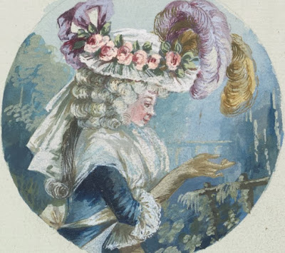 Fashionably dressed 18th century lady in purple with a hat and pink flowers and a yellow feather