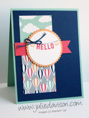 Stampin' Up! Sale-a-bration Any Occasions stamp set + Carried Away Designer Paper Hello Card #stampinup www.juliedavison.com