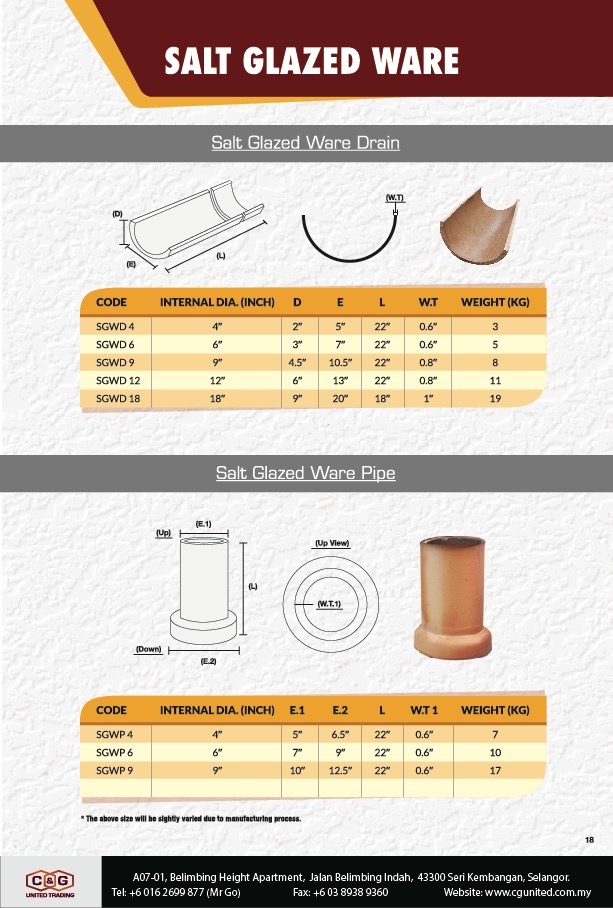 SALT GLAZED WARE PIPE - C & G UNITED TRADING: SGW SCUPPER PIPES - MALAYSIA
