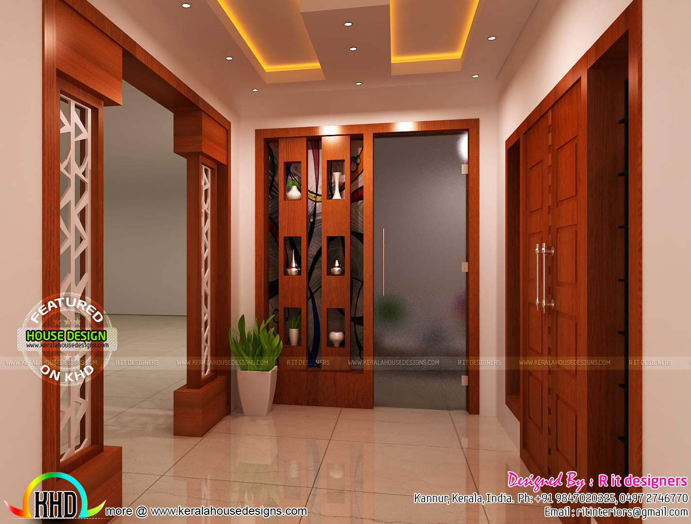 Modular kitchen, living, bathroom and foyer Kerala home