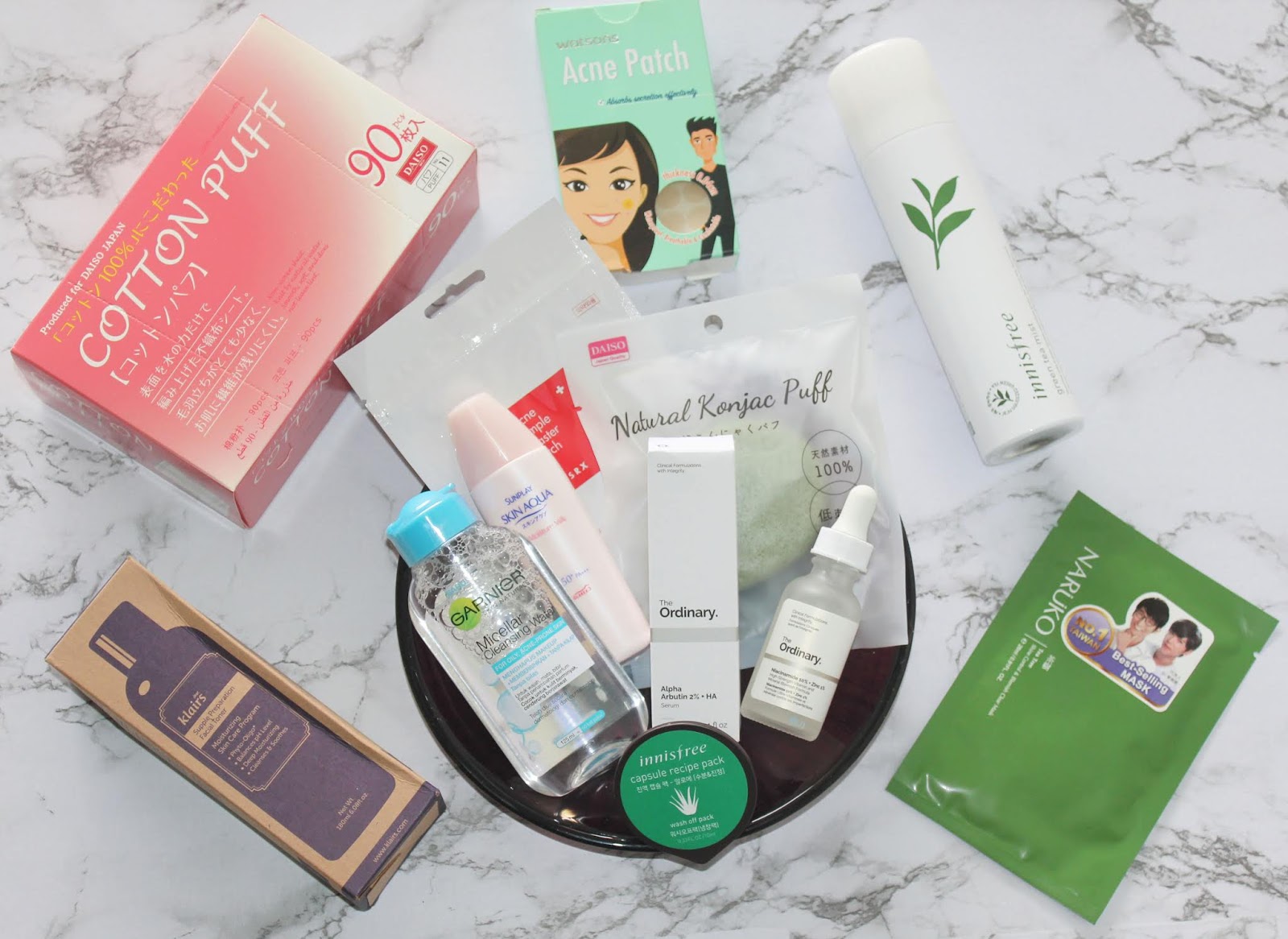 Skincare Haul Garnier Micellar Water, Naruko, Klairs Toner, COSRX Pimple Patch, The Ordinary Niacinamide, The Ordinary Alpha Arbutin, Innisfree, Daiso, Sunplay Sun Aqua