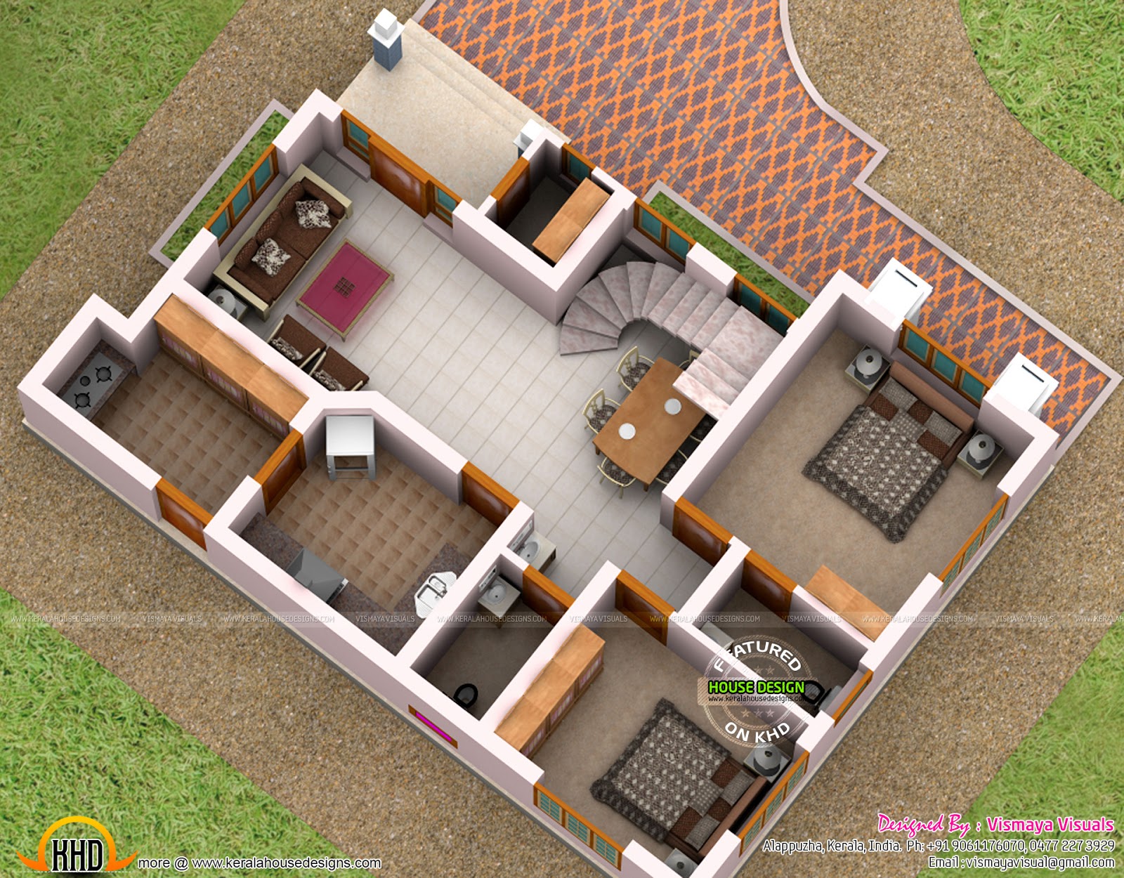 3d floor plan of 1496 sq-ft home - Kerala home design and floor plans