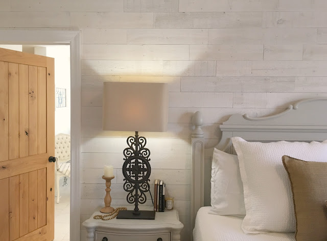 Wood plank wall in bedroom at Hello Lovely fixer upper Stikwood Hamptons