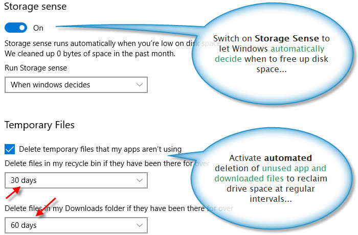 Storage sense options for deleting temporary app files and unused downloaded files