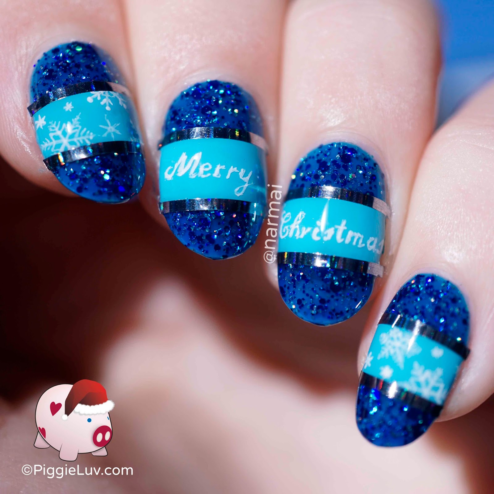 PiggieLuv: Freehand blue Christmas nail art