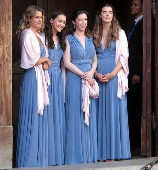 Queen Silvia, Crown Princess Victoria at wedding of Astrid Bernadotte. Princess Victoria wore Jenny Packham dress. Princess Sofia's pre-wedding dinner. Tod's flats ballerinas. Diamond Tiara