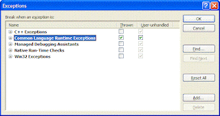 Exceptions Dialog with CLR Exceptions Checked