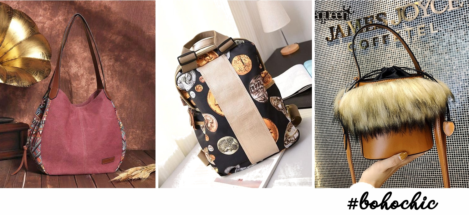 fashion collage with three trendy bohemian handbags
