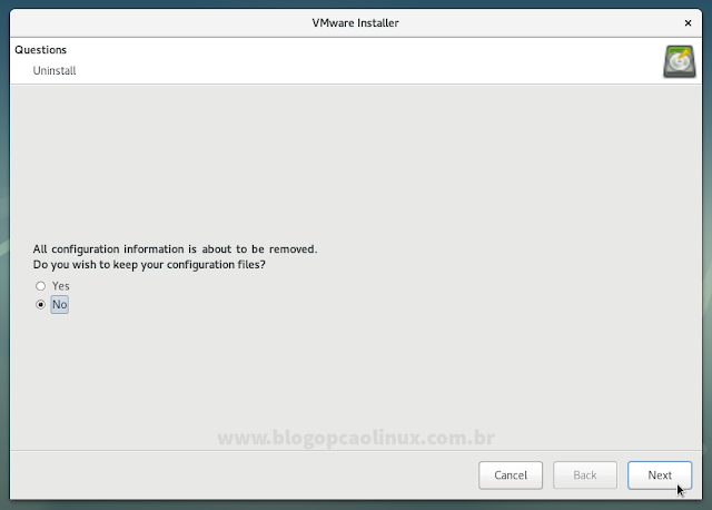 Você deseja manter ou remover os arquivos de configuração do VMware Workstation Player?