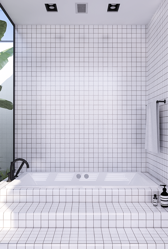 Tropical jungle atrium and recessed bathtub | Urban contemporary bathroom. Design by Eleni Psyllaki @myparadissi 